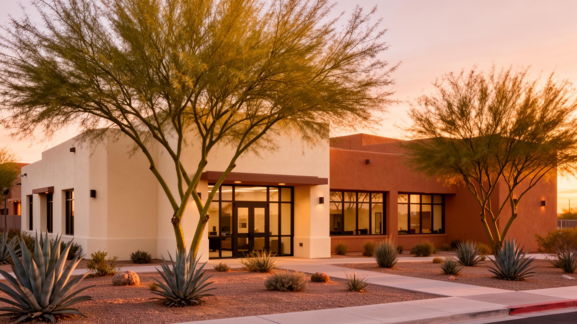 Welcoming southwestern behavioral health clinic exterior at golden hour