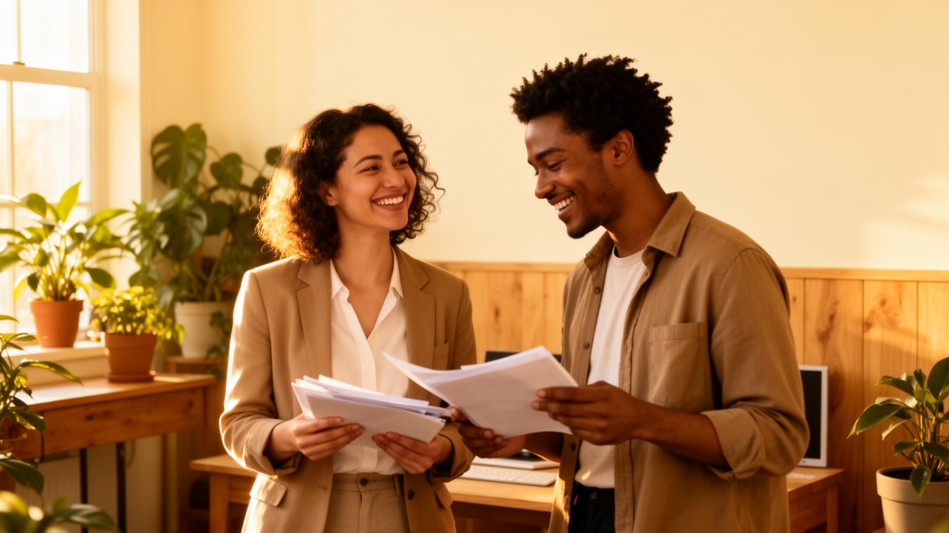 Two NorthSight clinicians laughing while reviewing notes in a sunlit office