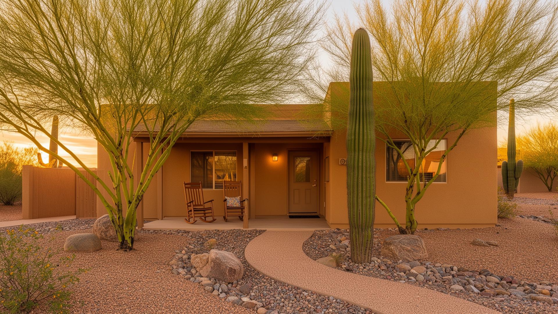 Warm desert exterior of a NorthSight recovery housing residence at golden hour