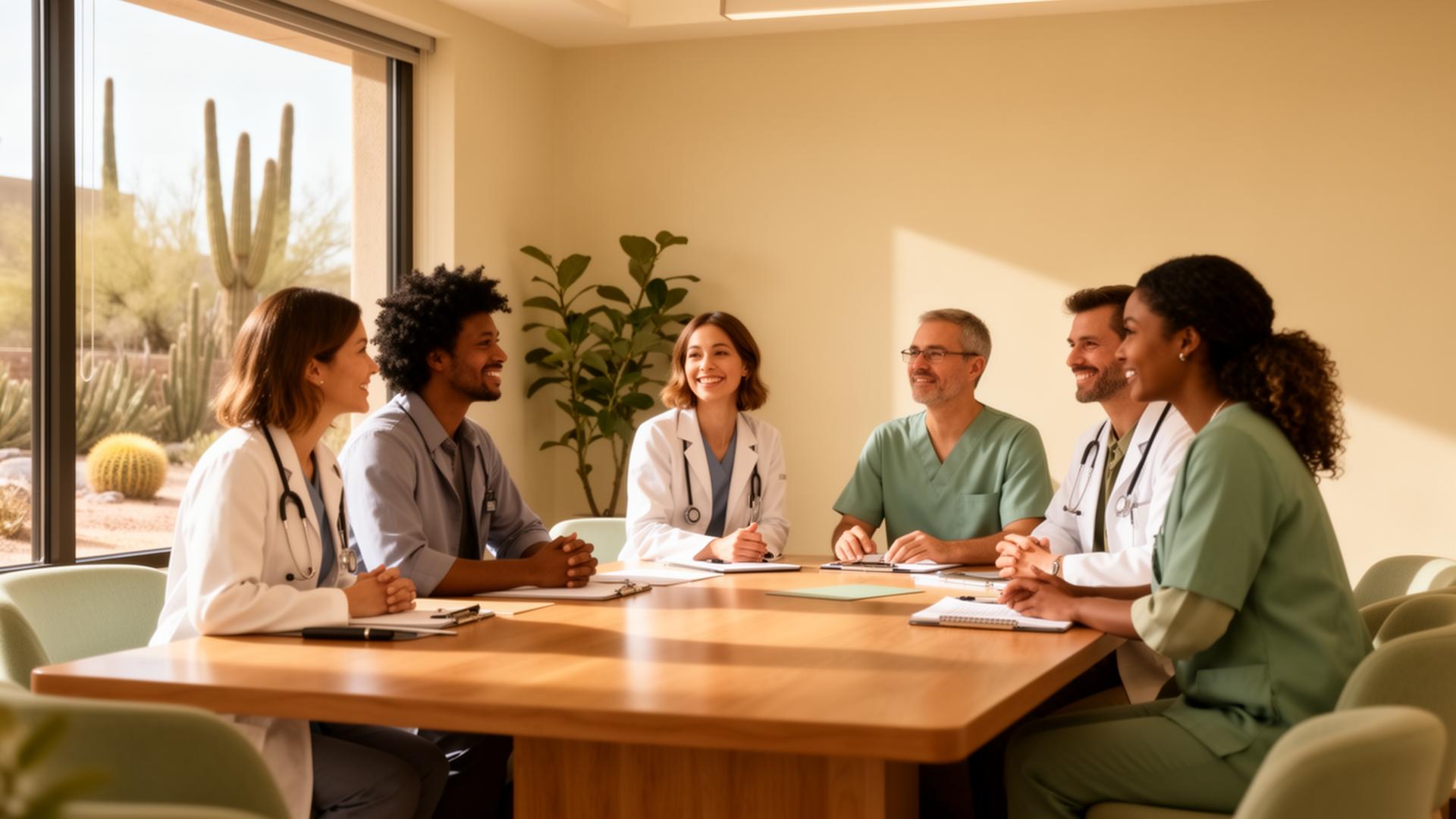 NorthSight Recovery clinicians collaborating in a sunlit team meeting